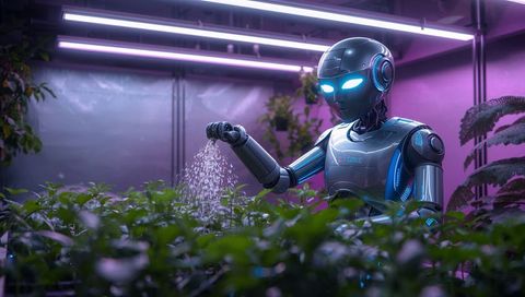 Humanoid Robot Watering Hydroponic Plants Under Neon LED Lights in Futuristic Growroom