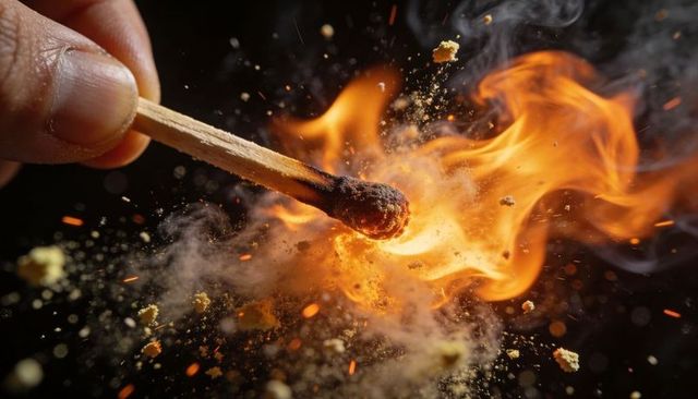 Adult hand holding wooden match striking into fiery burst of sparks and smoke