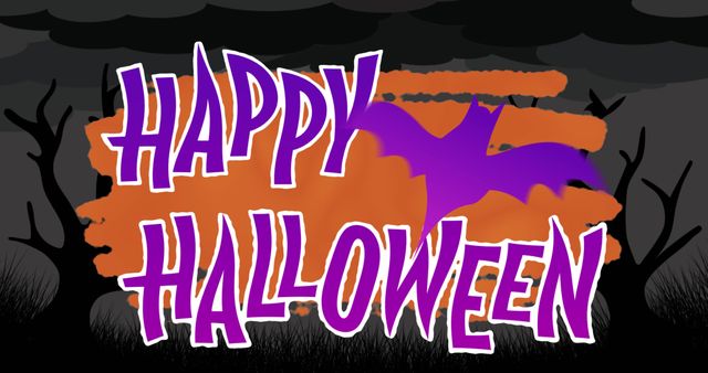 Happy Halloween Greeting with Flying Bat and Spooky Trees - Download Free Stock Images Pikwizard.com