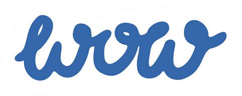 Bold blue cursive wow sticker on transparent background
