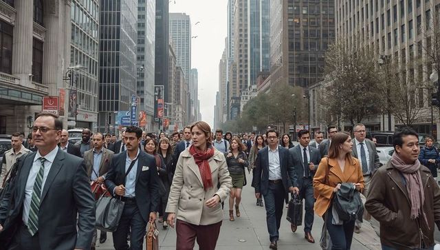 Woman walking through rush-hour crowd on downtown street leading commuters