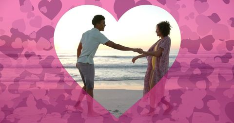 Romantic Beach Dance with Heart Overlay at Sunset