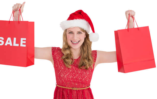 Joyful Woman Holding Sales Bags in Santa Hat on Transparent Background - Download Free Stock Videos Pikwizard.com