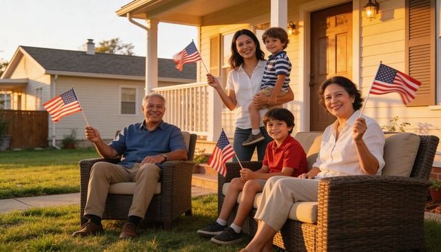 Multigenerational family waving american flags on suburban front porch at sunset