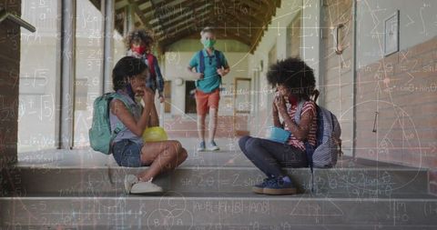 Schoolchildren Wearing Masks Surrounded by Mathematical Equations