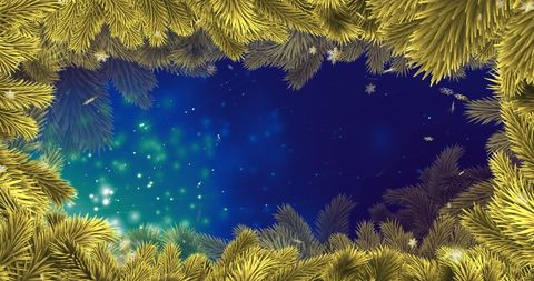 Golden christmas tree border with snowflakes and blue sky