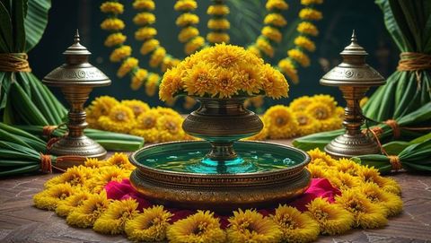 Vibrant display of marigolds in ornate brass setting, vishu festival