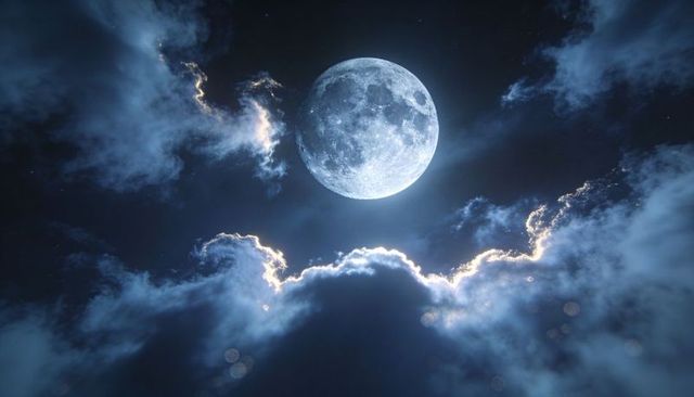 Glowing Full Moon Illuminating Dramatic Night Clouds with Halo, Starry Bokeh, Nebula