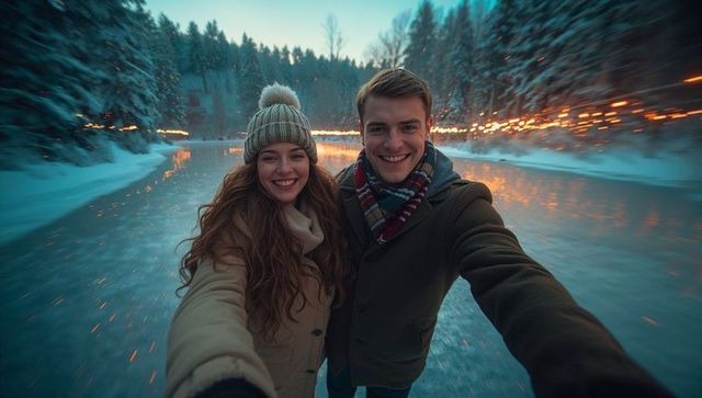 Couple Taking Selfie on Frozen Lake at Dusk with Scenic Winter Landscape