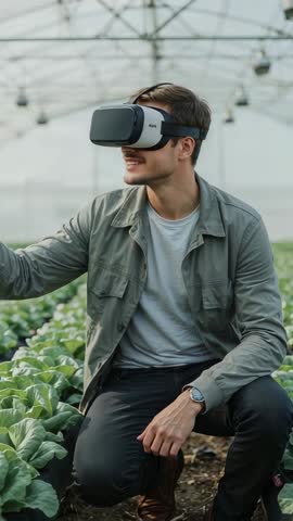 Vertical video: Kneeling man adjusting VR headset in greenhouse, exploring virtual crop data