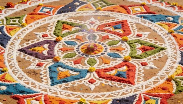 Colorful circular rangoli with white lace outline and marigold accents on bare earth