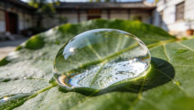 Macro water droplet magnifying leaf veins with rainbow prism and sun highlight closeup