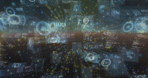 Cyber data tunnel visualizing streaming analytics with holographic HUD panels