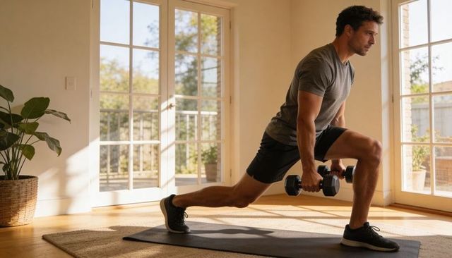 Male performing weighted lunge at home with dumbbells on mat by sunlit french doors for strength