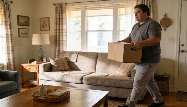 Overweight man carrying cardboard box across cozy living room during daytime move