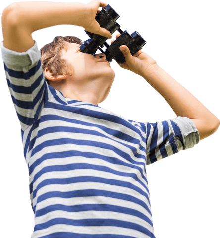 Alone young boy in striped shirt discovering with binoculars, isolated