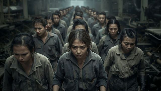 Determined factory worker leading cohesive team in industrial workshop