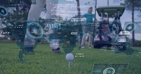 High-Tech Golf Scene with Global Data Overlay