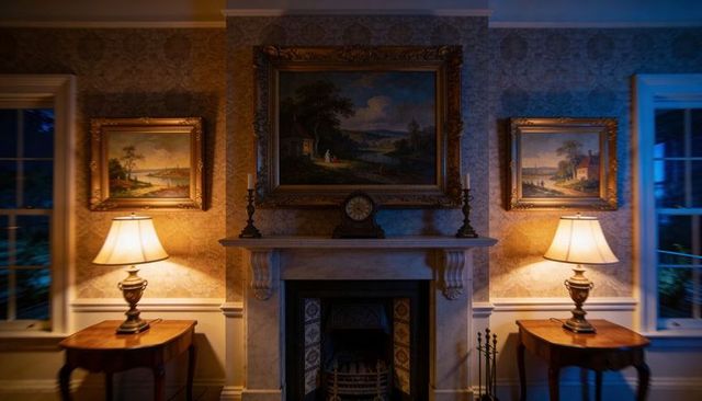 Warm antique parlor mantel glowing with twin lamps, ornate clock and framed landscape paintings