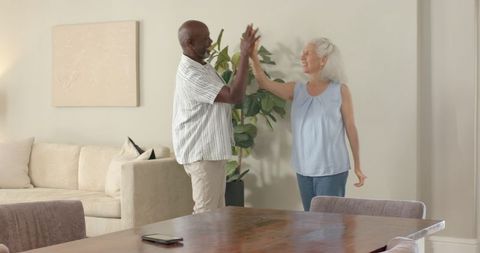 Happy Senior Couple Celebrating with High-Five at Home