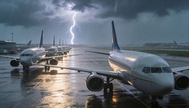 Narrow-body jets lining rain-soaked apron while lightning striking at dusk