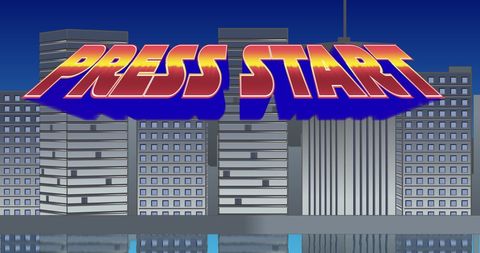 Retro Gaming Press Start Graphic with Cityscape Background