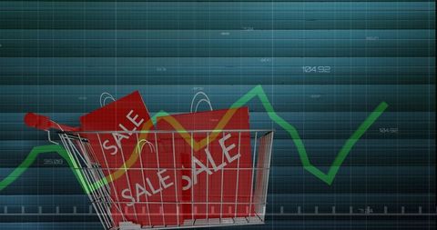 Shopping cart with sale bags and data processing graphic