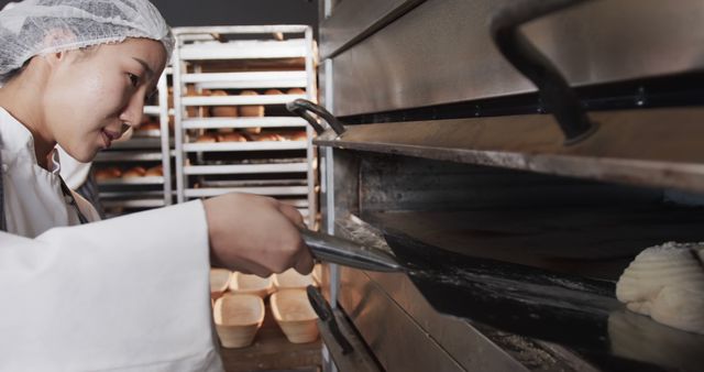 Baker Placing Dough into Oven in Industrial Kitchen - Download Free Stock Images Pikwizard.com