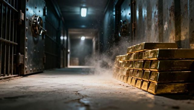 Gleaming gold bars stacked in dim vault corridor with open steel safe and bullion