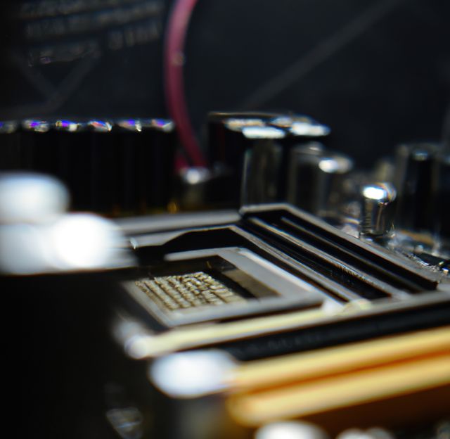 This image focuses on a computer motherboard, specifically highlighting the processor socket area. The detailed view of the circuitry and components presents a glimpse into the technology hardware used in modern computing. Ideal for use in technology blogs, articles about computer hardware, educational materials on electronics, or advertisements for tech products and services.