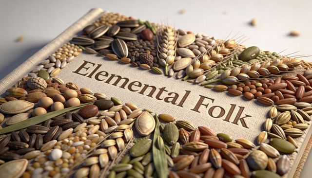 Elemental folk seed-covered book cover with grains, sunflower, pumpkin, barley, rice