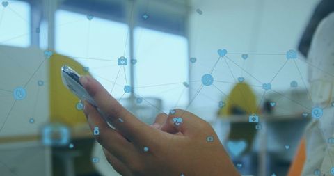 Person connecting through smartphone with digital interface icons