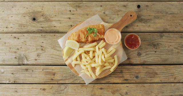 Traditional Fish and Chips with Dip on Wooden Serving Board - Download Free Stock Images Pikwizard.com