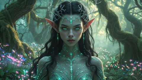 Elf guardian in mystical enchanted forest with glowing vines