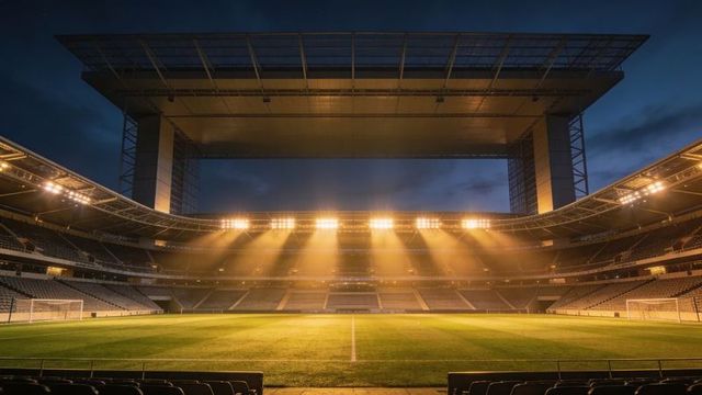 Nighttime stadium floodlights illuminating empty football pitch with dramatic twilight sky
