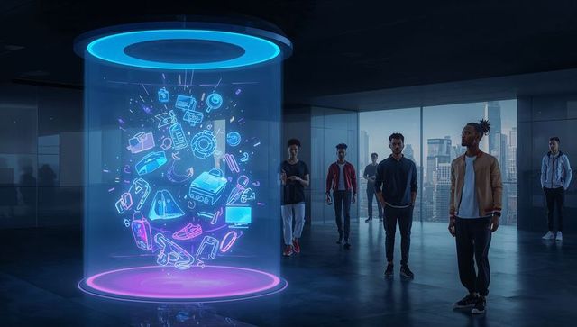 Holographic tech cylinder projecting neon icons in office showroom with casual team