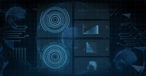 Futuristic holographic dashboard with concentric radar hud and global data visualization