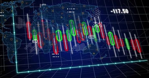 Neon 3D Candlestick Market Visualization Over World Map with Futuristic Trading Dashboard