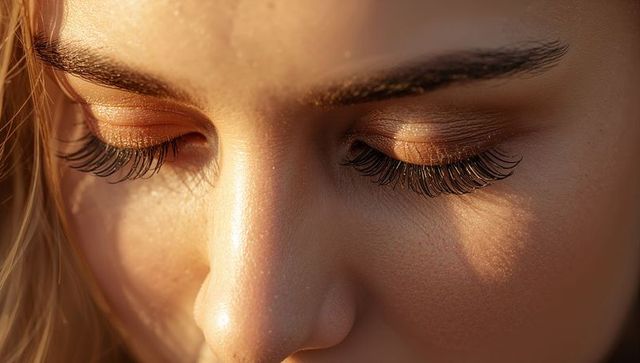 Extreme closeup capturing eyelash extensions and bronze eyeshadow in warm golden light
