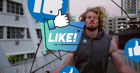 Caucasian Man Jumping Rope with Social Media Interactions