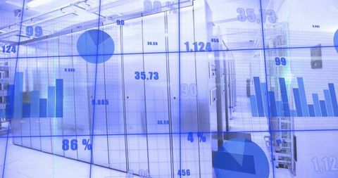 Futuristic data center with digital charts and analytics