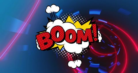 Comic Style Boom Text on Neon Spiral Background