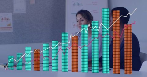 Midlife women executives discussing growth analytics with overlay bar charts in boardroom