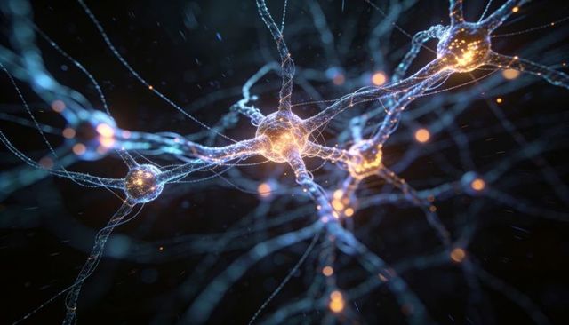 Glowing Neurons Sending Electric Pulses Through Microscopic Neural Network