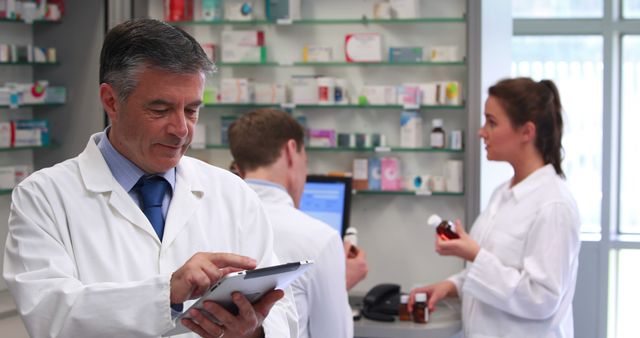 Pharmacists engaged in their work in a well-equipped pharmacy setting. One pharmacist is using a digital tablet, while others are preparing medication. This image can be used for articles and advertisements related to modern healthcare, pharmacy services, and professional teamwork in medical settings.