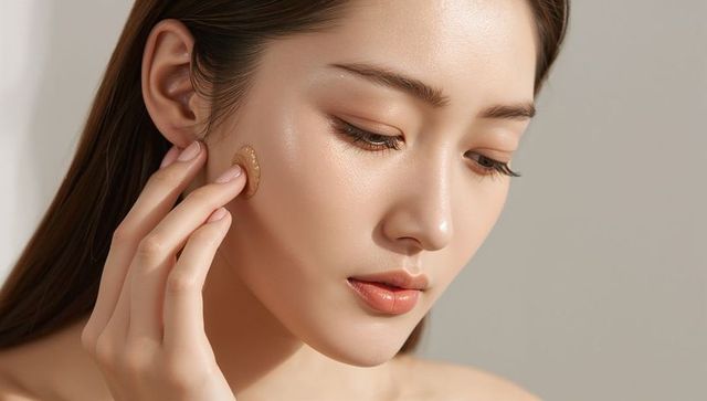 Asian woman applying liquid foundation for dewy glowing skin close-up beauty portrait