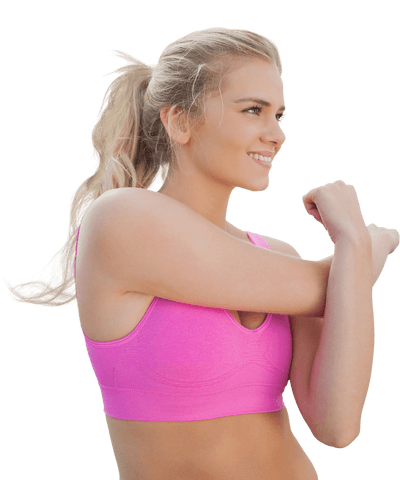 Caucasian Sportswoman Stretching Arms on Transparent Background