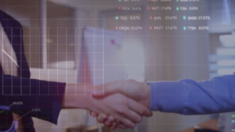 Business Partners Shaking Hands with Digital Financial Data Overlay