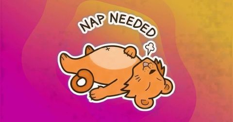 Playful cartoon lion nap needed over vibrant gradient