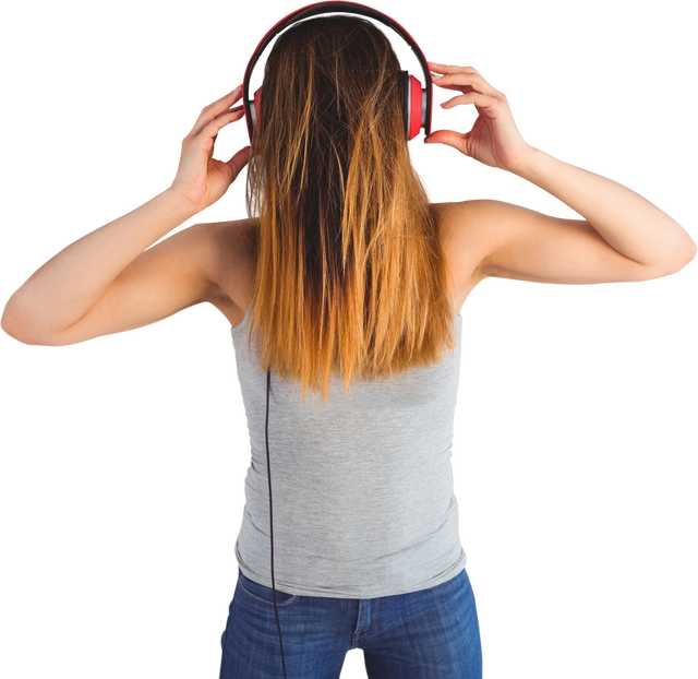 Casual Woman Listening to Music with Red Headphones Transparent Background - Download Free Stock Videos Pikwizard.com